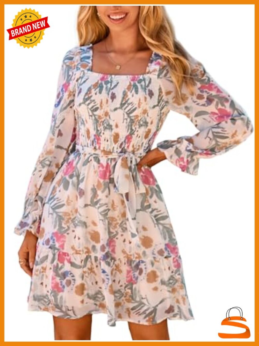 Women's Floral Long Sleeve Mini Dress Square Neck Smocked A-Line Flowy